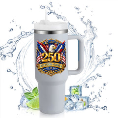 40oz Insulated Tumbler | USA 250th Anniversary Bald Eagle Golden Badge 1776-2026 Patriotic Large Capacity Travel Water Cup