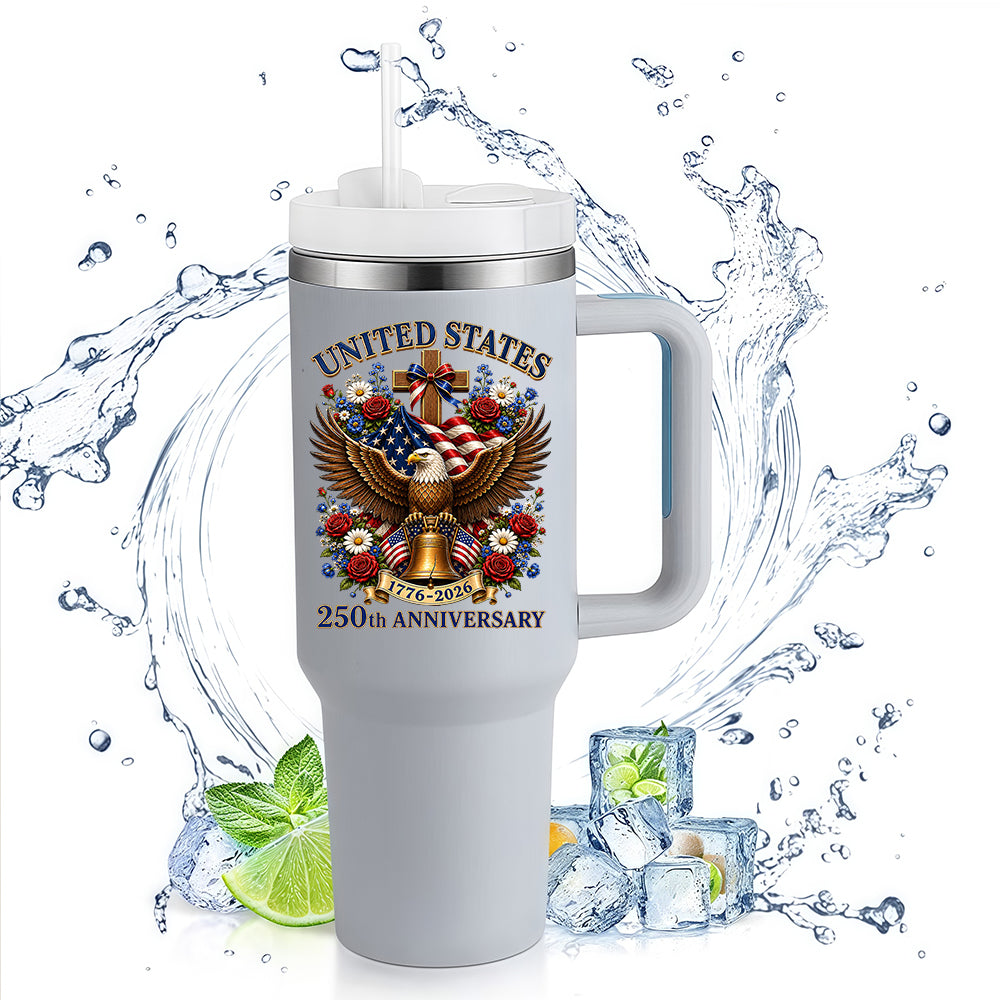 40oz Stainless Steel Tumbler | United States 250th Anniversary Eagle Cross Liberty Bell Floral Vintage Patriotic Christian Travel Mug