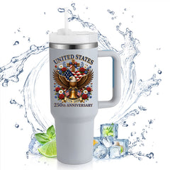 40oz Stainless Steel Tumbler | United States 250th Anniversary Eagle Cross Liberty Bell Floral Vintage Patriotic Christian Travel Mug