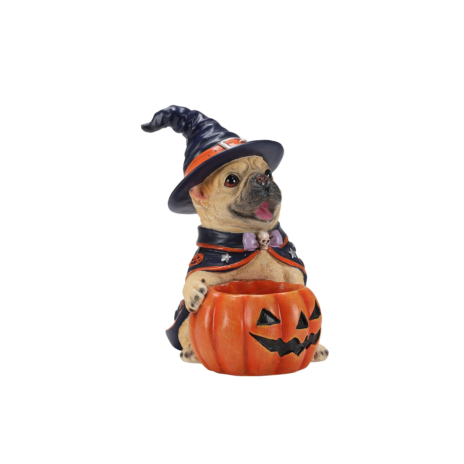 Frenchie witch puppy resin figure on a plain background, three quarter view, showing the striped hat band