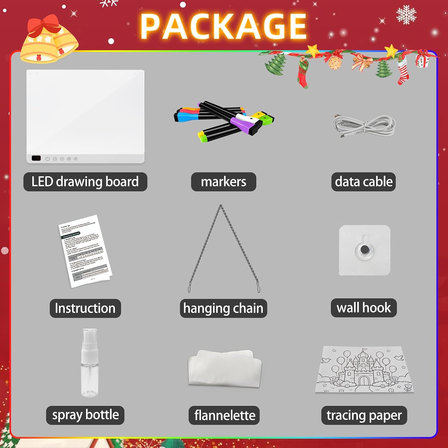 LED drawing board kit with markers, charging cable and cleaning accessories