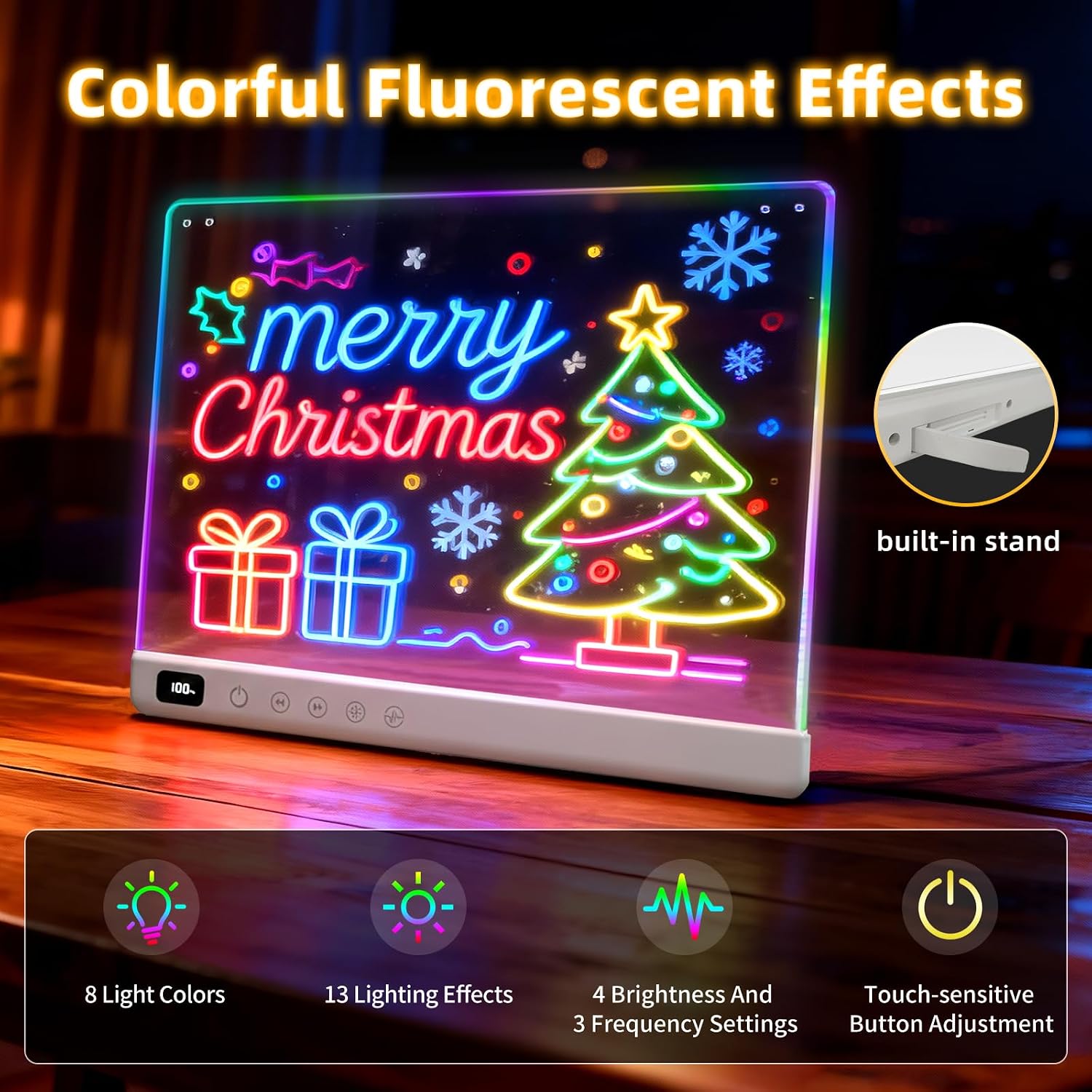 Colorful LED artwork displayed on the built-in tabletop stand