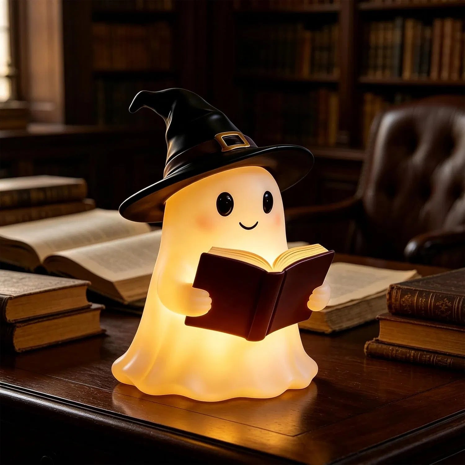 resin ghost in a witch hat holding an open book, usb powered night light - product photo 6 of 8