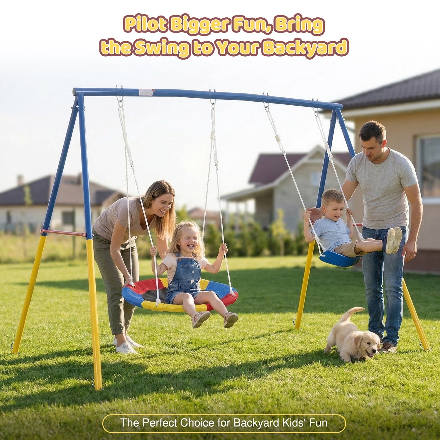 1 Set Swing Set For Christmas Gift Backyard, 330lbs Swing Set With Heavy-Duty A-Frame Metal Outdoor Swing Stand, 1 Saucer Swing Seat & 1 Belt Swings Seat Use On Four Season