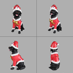 Four views of the Black labrador retriever Christmas statue on a gray background, showing the front, side and back of the red Santa coat