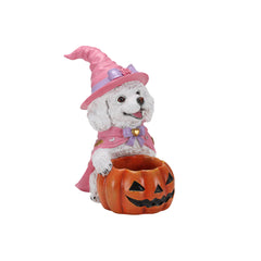 White puppy witch resin figure on a plain background, three quarter view, showing the pink hat and cape