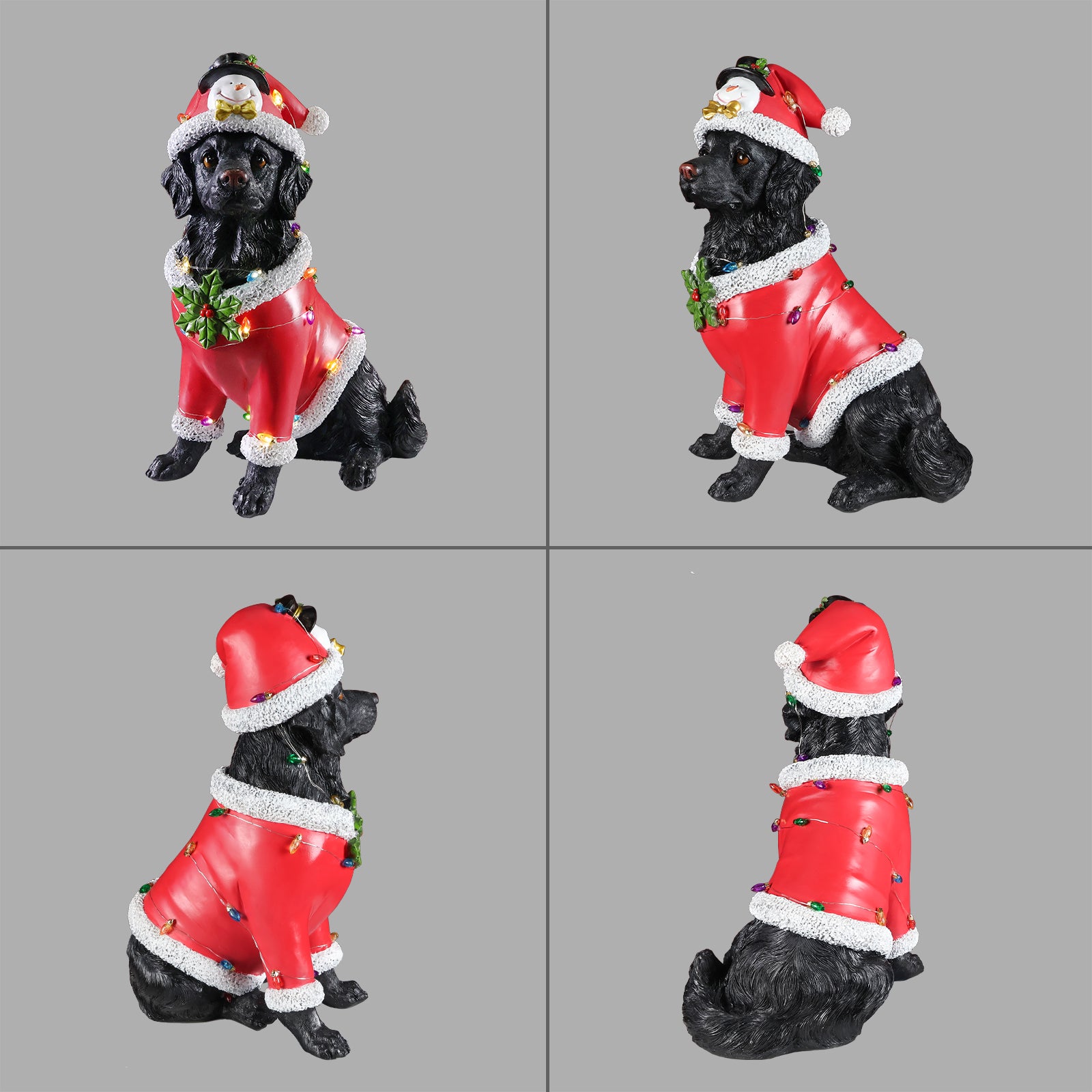 Four views of the Black retriever Christmas statue on a gray background, showing the front, side and back of the red Santa coat