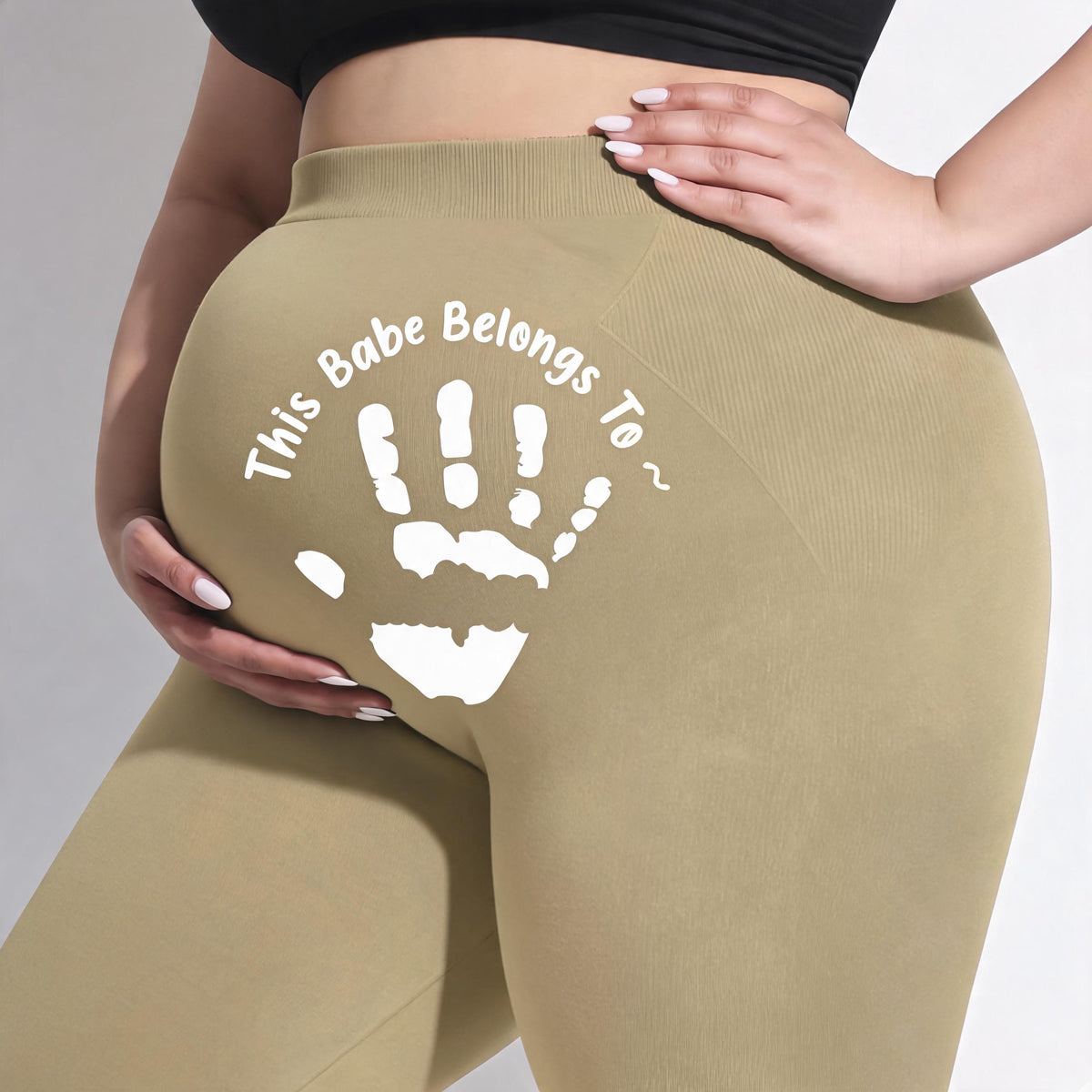 Pregnant woman's pants "This baby belongs to..." - Personalized names and palm prints impressions