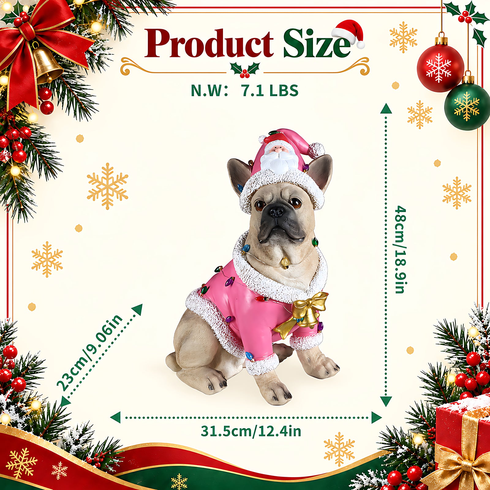 Christmas product size card showing the fawn French bulldog statue with its height, width and depth measured in inches and its weight in pounds
