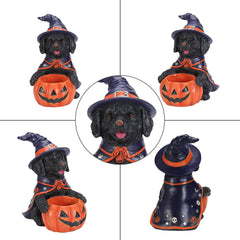 Black labrador witch puppy statue on a plain background, rear view, showing four poses of the same figure in one panel
