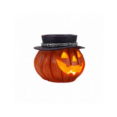 Light up jack o lantern treat dish on a plain background, side view, with the hat band and buckle visible