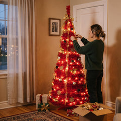 6FT Red PreLit Pop-Up Christmas Tree With 150 Warm White LED Ribbons Bow Flowers Snowflakes Pine Cones Red Ornaments Collapsible Artificial Christmas Tree IP44 Waterproof Indoor Holiday Decor OLFC0109