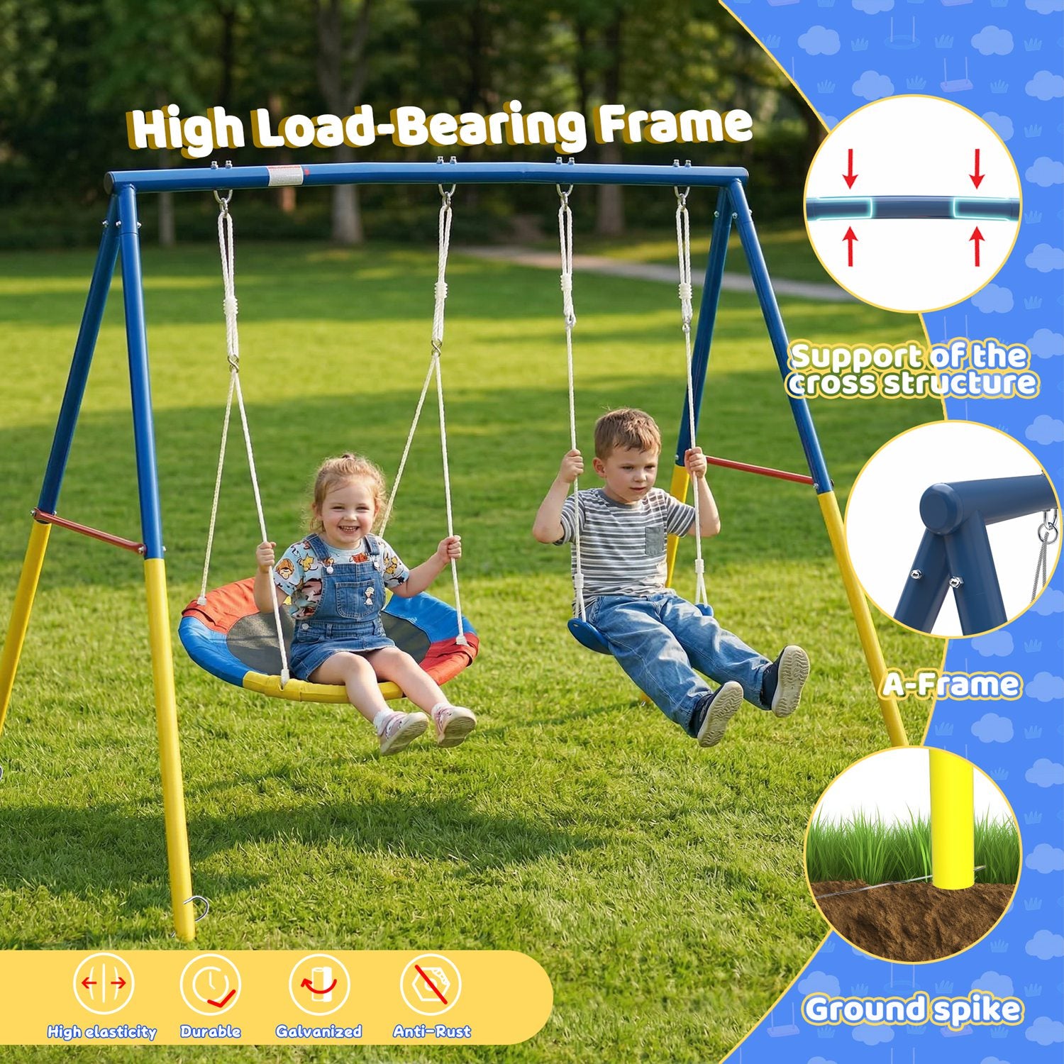 1 Set Swing Set For Christmas Gift Backyard, 330lbs Swing Set With Heavy-Duty A-Frame Metal Outdoor Swing Stand, 1 Saucer Swing Seat & 1 Belt Swings Seat Use On Four Season