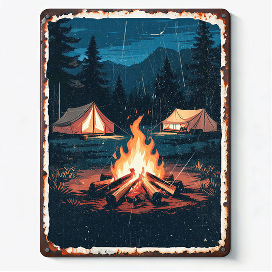 Custom Personalized Vintage Night Camping Campfire Tent Metal Tin Sign