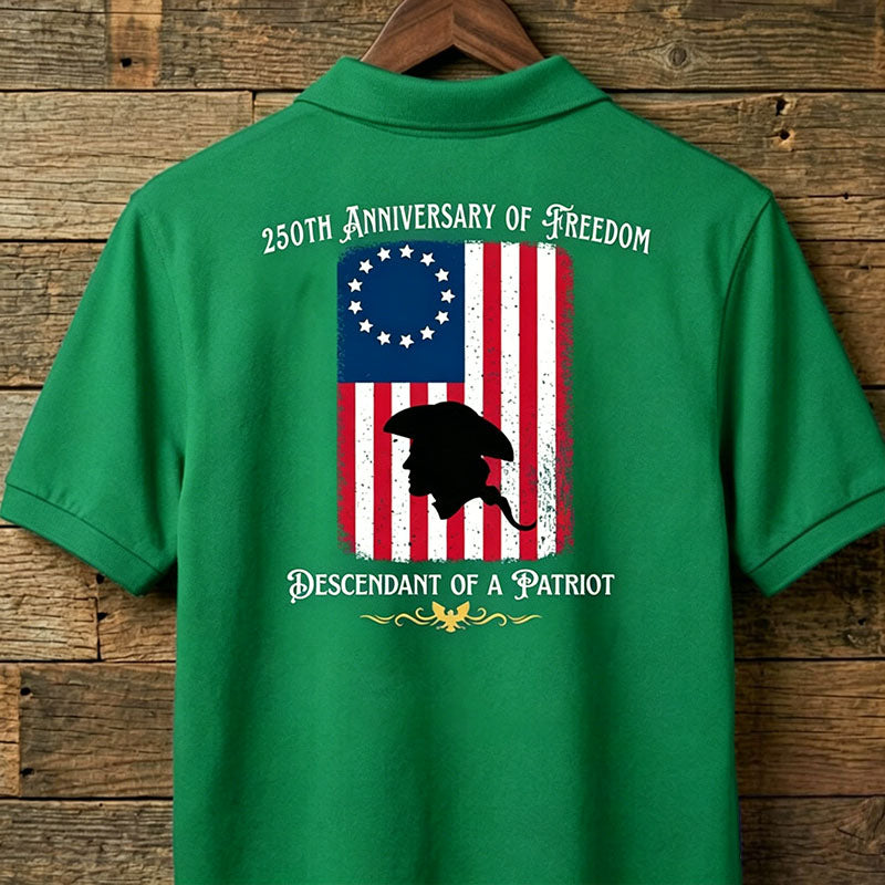 Custom Descendant of a Patriot Polo Shirt, 250th Anniversary of Freedom 1776 Men's Back Print Tee