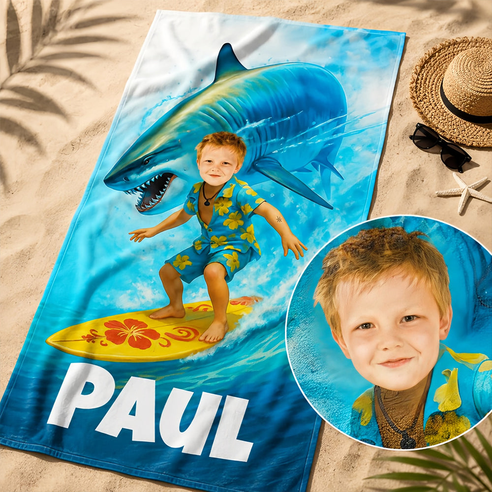 Personalized Shark Beach Towel for Kids, Custom Face Pool Towel, Boys Summer Gift, Surfing Shark Towel with Name, Birthday Beach Gift.