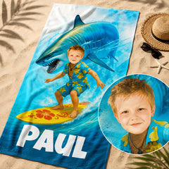 Personalized Shark Beach Towel for Kids, Custom Face Pool Towel, Boys Summer Gift, Surfing Shark Towel with Name, Birthday Beach Gift.