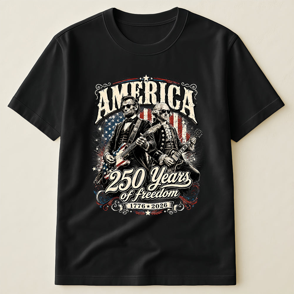 250 Years of Freedom Founding Fathers Playing Guitar Patriotic T-Shirt, Funny USA Independence Day Tee