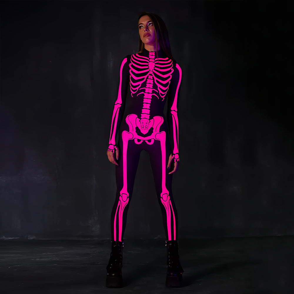 Glow-in-the-dark skeleton bodysuit, Halloween UV fluorescent skeleton cosplay outfit, stretchy long-sleeve leotard, electronic music party costume