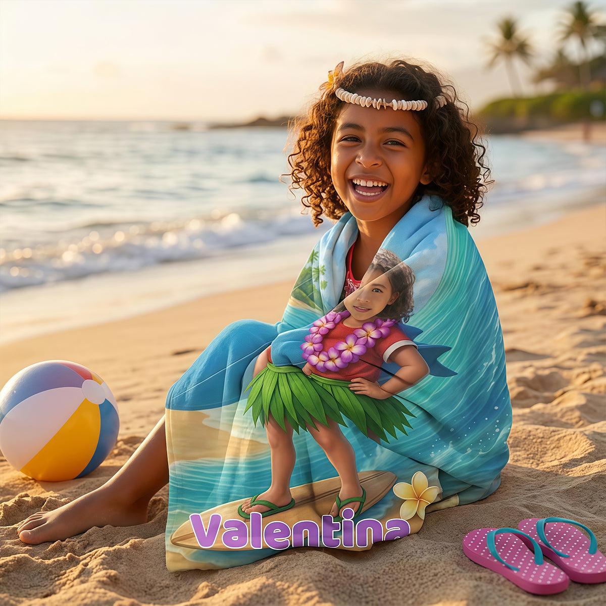Personalized Girls Beach Towel with Face & Name, Surf Tropical Kid Gift, Kids Pool Towel.