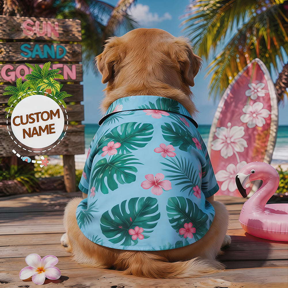 Custom Name Tropical Hibiscus Palm Dog Hawaiian Shirt, Light Blue Floral Personalized Pet Summer Beach Button Down Shirt, Vacation Dog Outfit