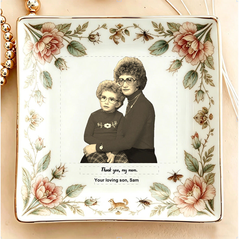 Custom Vintage Floral Jewelry Dish - Personalized Mother & Son Photo Ceramic Tray with Elegant Botanical Border