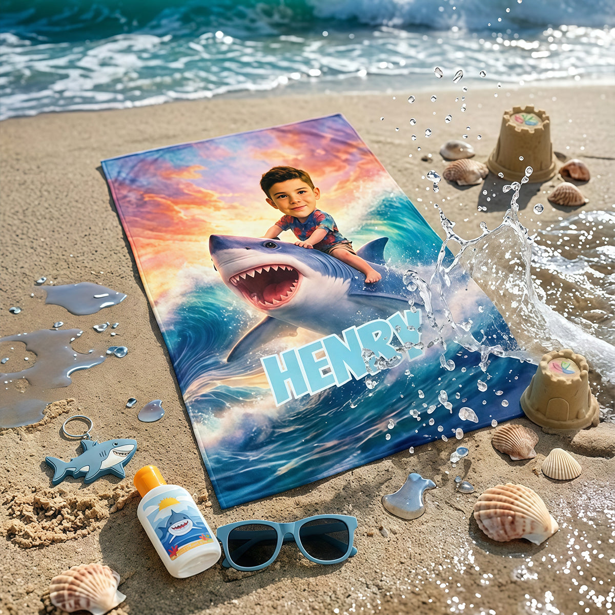 Personalized Shark Beach Towel, Custom Kids Pool Towels with Name, Summer Gift for Boys.