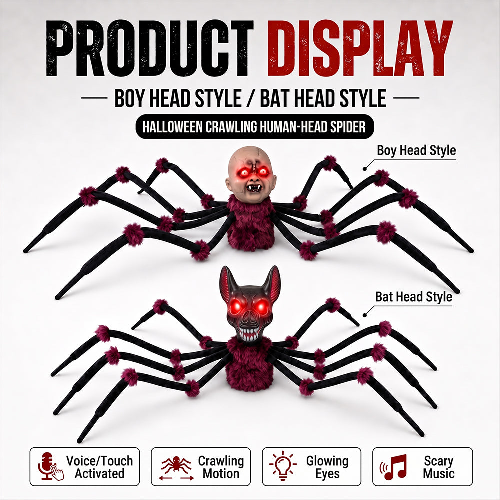 Halloween Crawling Head Spider Animatronic Prop, Touch Activated Decoration with Red LED Glowing Eyes, Spooky Music, Move Forward & Backward for Haunted House Yard Decor