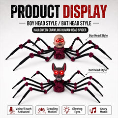 Halloween Crawling Head Spider Animatronic Prop, Touch Activated Decoration with Red LED Glowing Eyes, Spooky Music, Move Forward & Backward for Haunted House Yard Decor