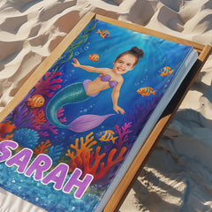 Custom Mermaid Girl Beach Towel with Face & Name,Personalized Daughter Summer Vacation Towel.