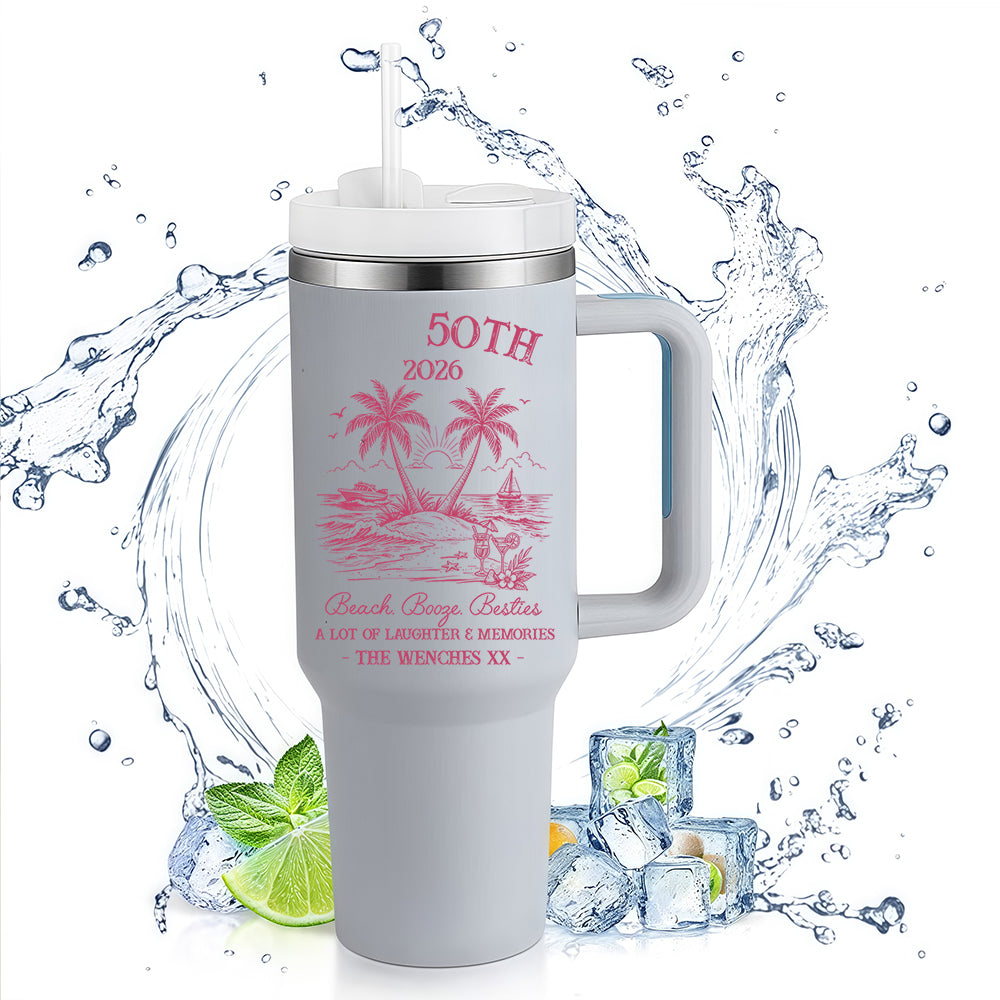 40oz Handle Tumbler | 50th Birthday 2026 Beach Booze Besties Tropical Palm Tree Custom Insulated Travel Cup For Girls Trip Best Friend Gift