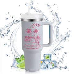 40oz Handle Tumbler | 50th Birthday 2026 Beach Booze Besties Tropical Palm Tree Custom Insulated Travel Cup For Girls Trip Best Friend Gift