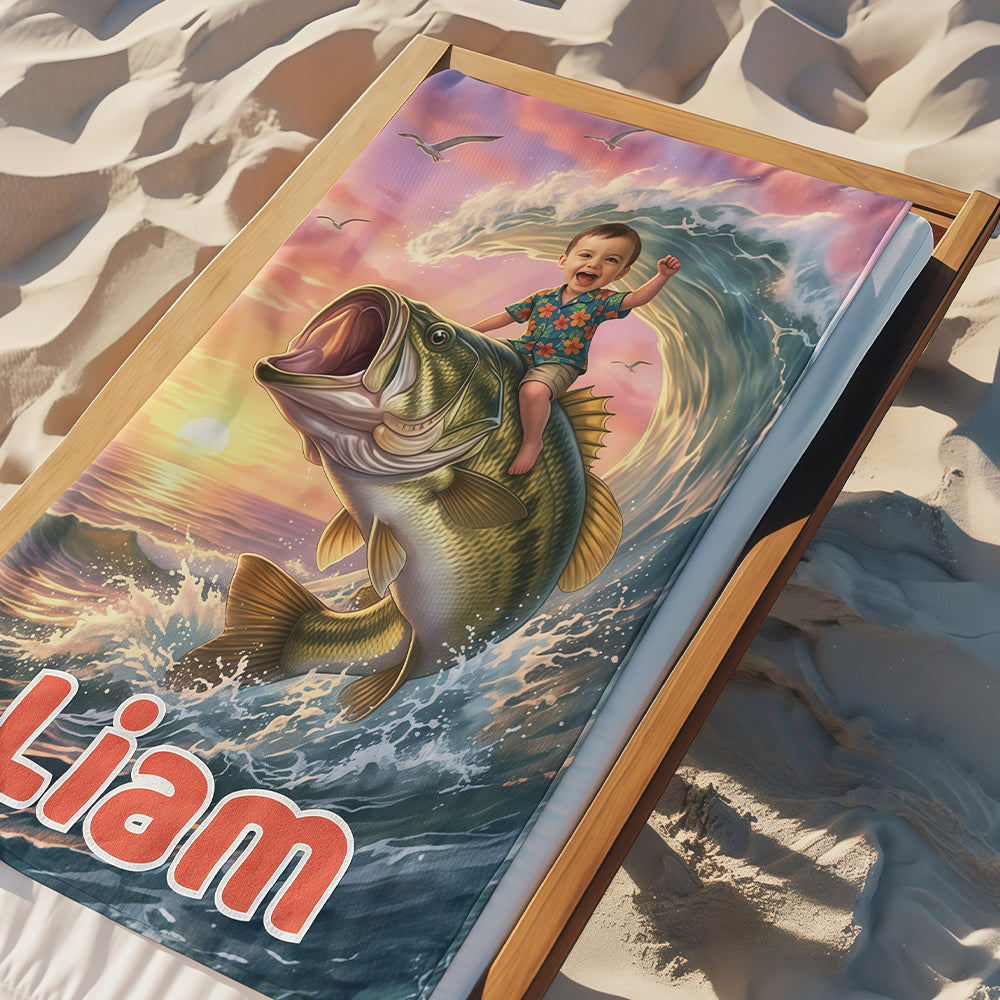 Personalized Fishing Beach Towel with Boys Face & Name, Bass Fish Kid Gift, Kids Towel.