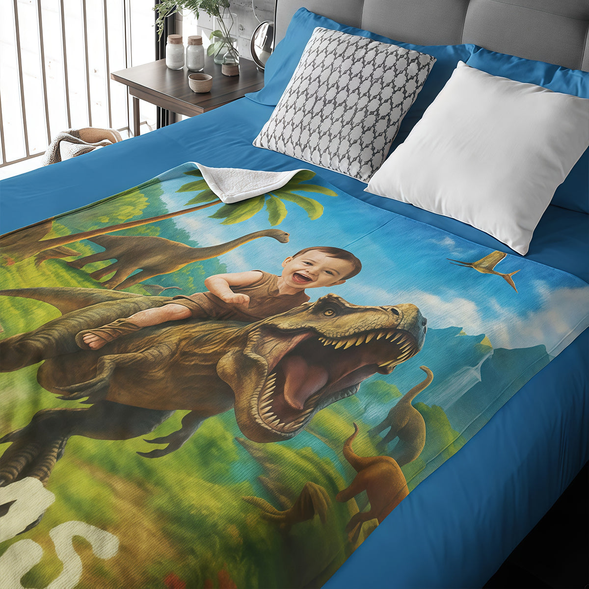 Personalized Dinosaur Blanket with Child’s Photo and Name, Custom Dino Riding Design for Kids.