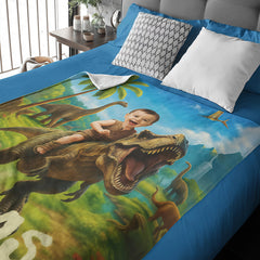 Personalized Dinosaur Blanket with Child’s Photo and Name, Custom Dino Riding Design for Kids.