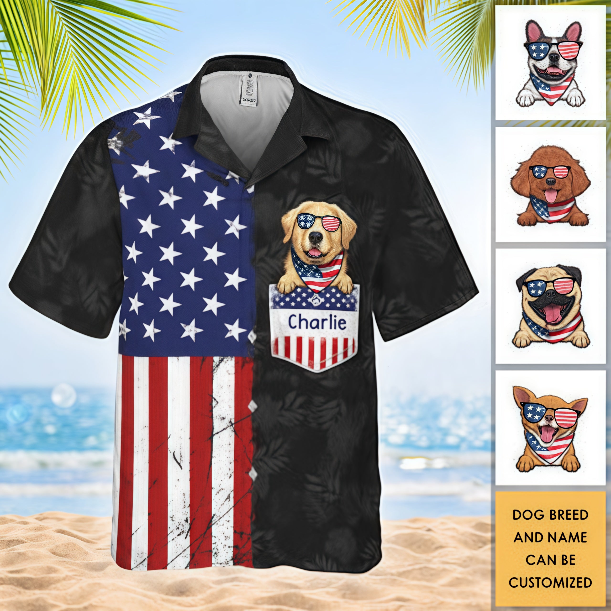 Vintage Distressed USA Flag Black Tropical Leaf Aloha Shirt