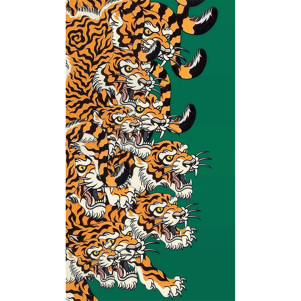 Traditional Japanese Tiger Swarm Green Background Beach Towel