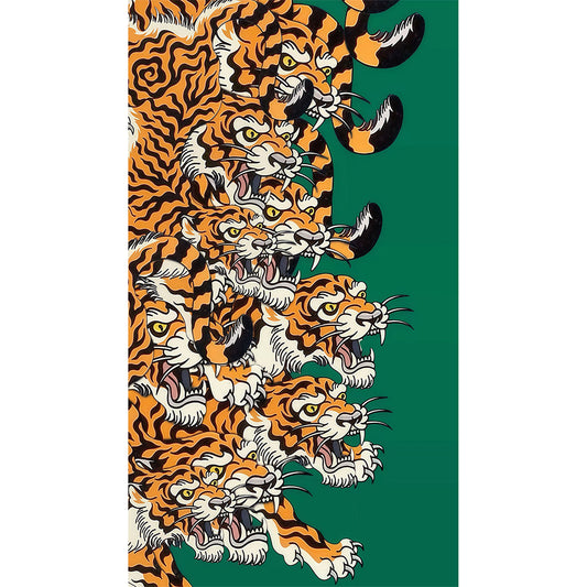 Traditional Japanese Tiger Swarm Green Background Beach Towel