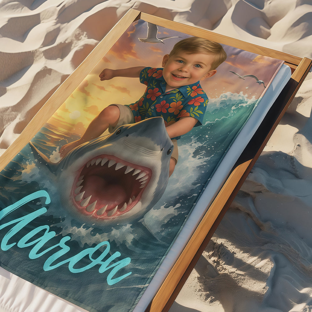 Personalized Shark Beach Towel with Child Face & Name, Funny Summer Kid Gift, Vacation Gift.