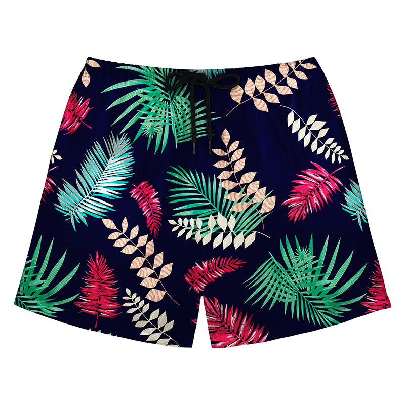 Navy Blue Multi-Color Palm Leaf Print Board Shorts