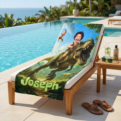 Personalized Dinosaur Beach Towel, Custom Dino Kid Pool Towel, Child Face Name, Boys Gift.