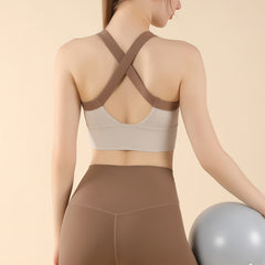 Sage Green Cross Back Sports Bra - High Support Longline Workout Crop Top for Running & Gym