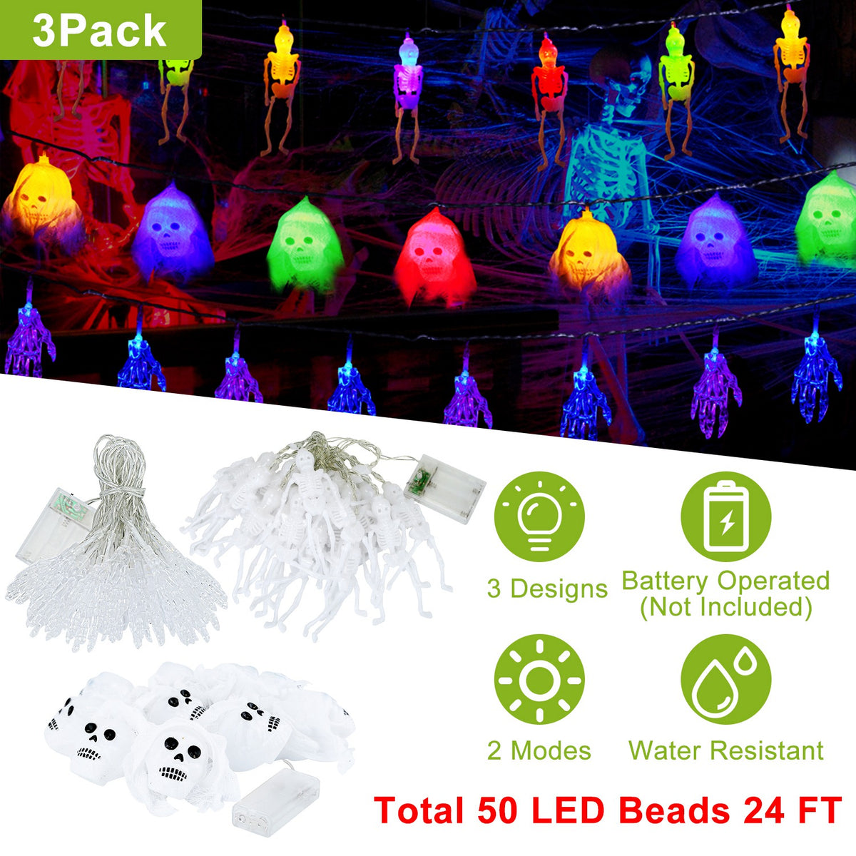 3 set halloween string lights, 50 LEDs on 24 ft One Size