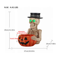 Size diagram of the skeleton pumpkin bowl with its height, width and depth measured in inches and its weight in pounds