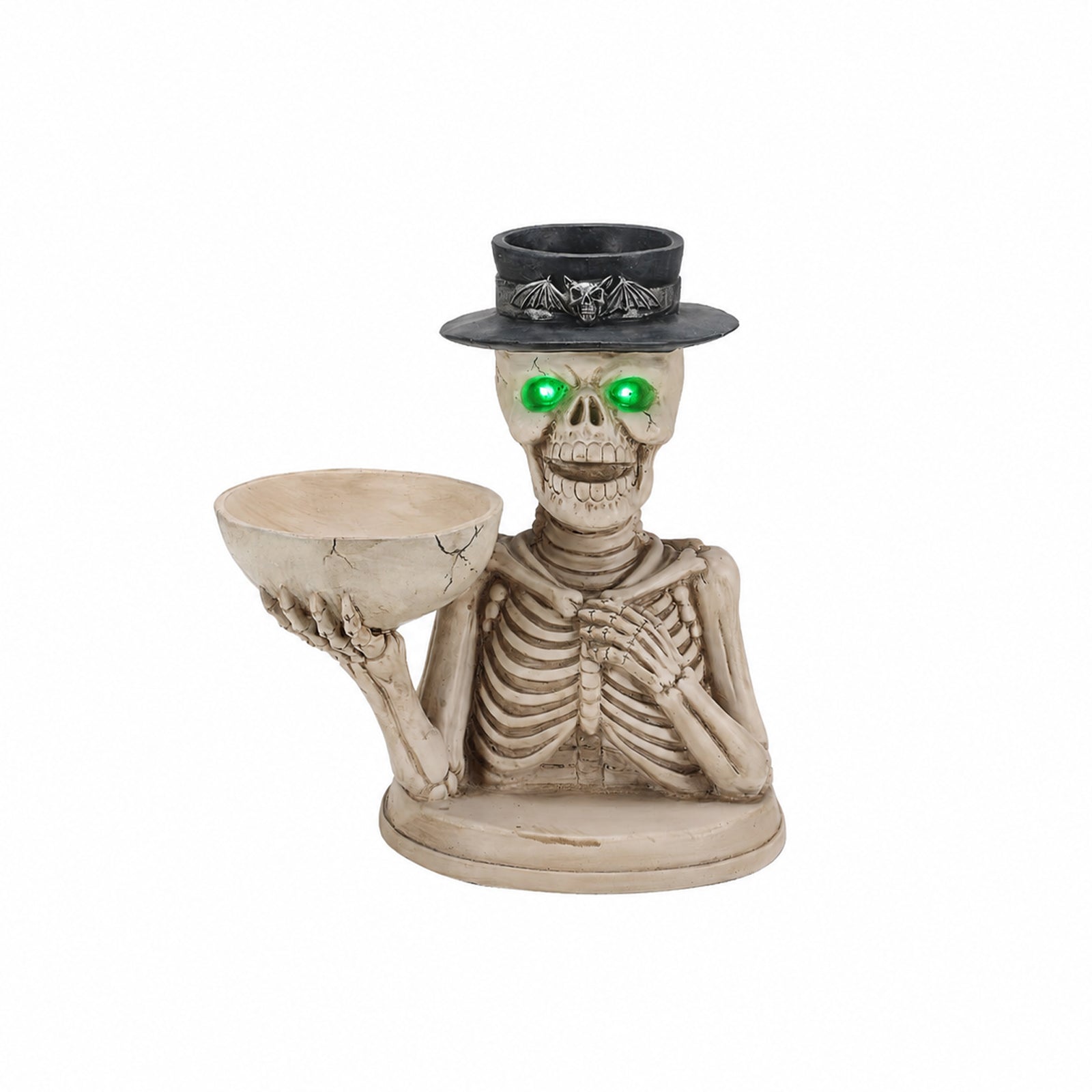 Skeleton server statue on a plain background, front view, with green light in the eye sockets and the bowl in one hand