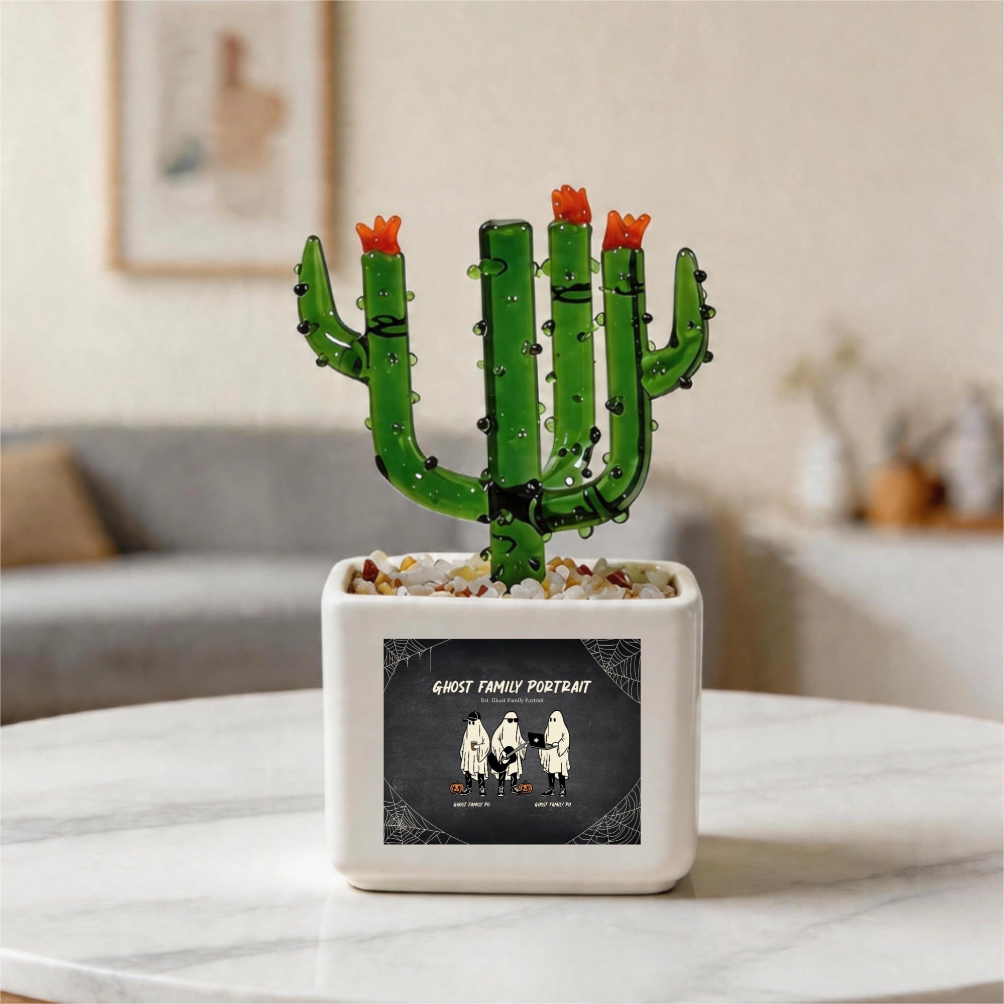 Customized Ghost Family Portrait Crystal Glass Cactus Ornament