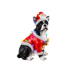 French bulldog Christmas statue in the red Santa coat on a white background, three quarter view, with the light bulbs on the coat