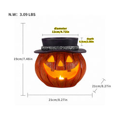 Size diagram of the witch hat pumpkin candy bowl with its height, width and depth measured in inches and its weight in pounds