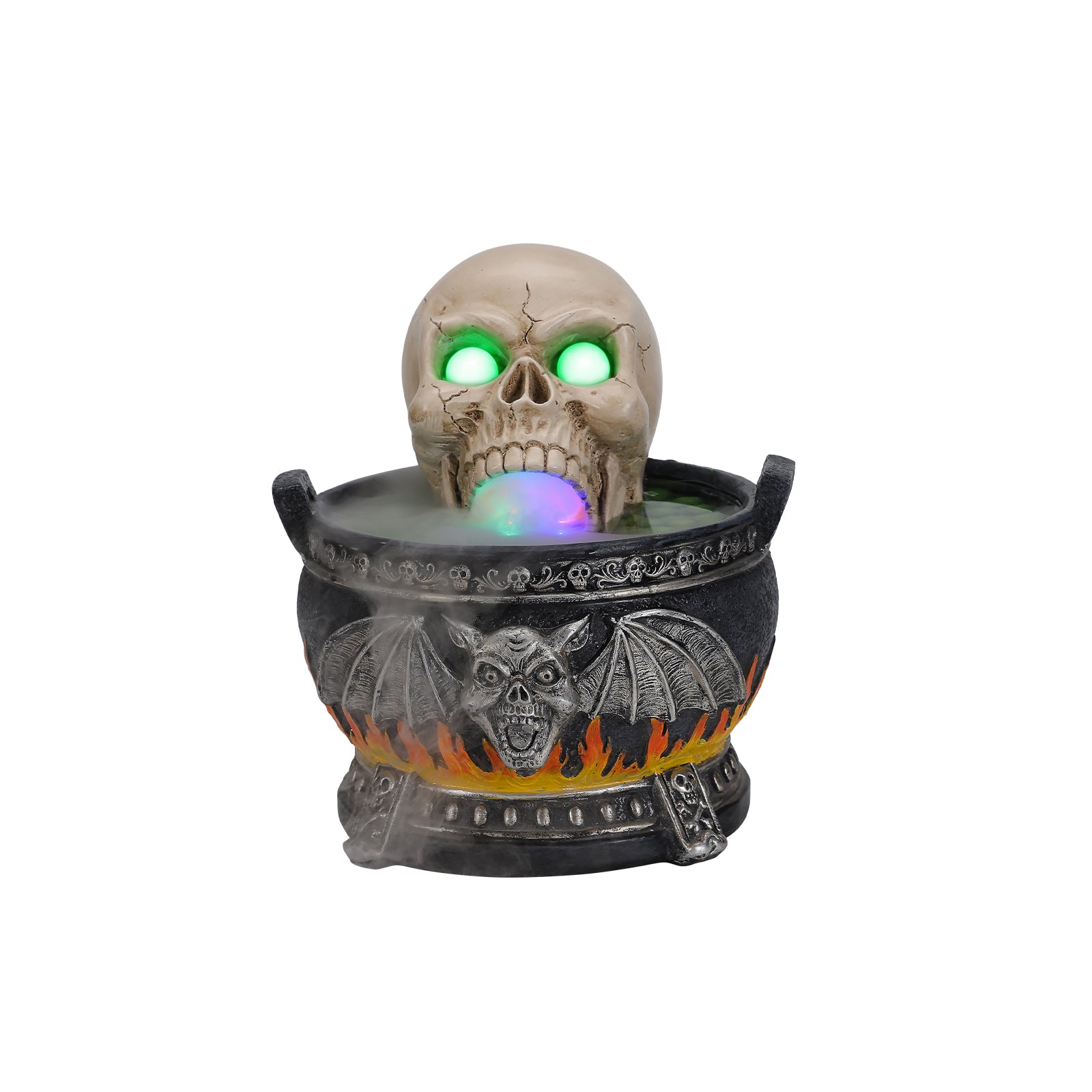 Skull cauldron Halloween statue on a plain background, front view, showing the bat wing and flame relief on the cauldron