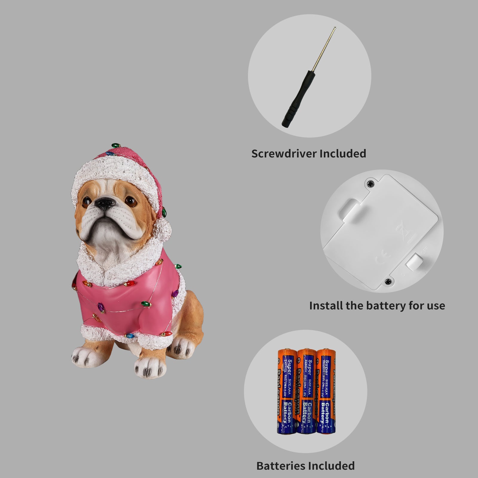 Panel showing what is included with the Pug statue: the batteries, the small screwdriver and the cover plate on the underside of the base